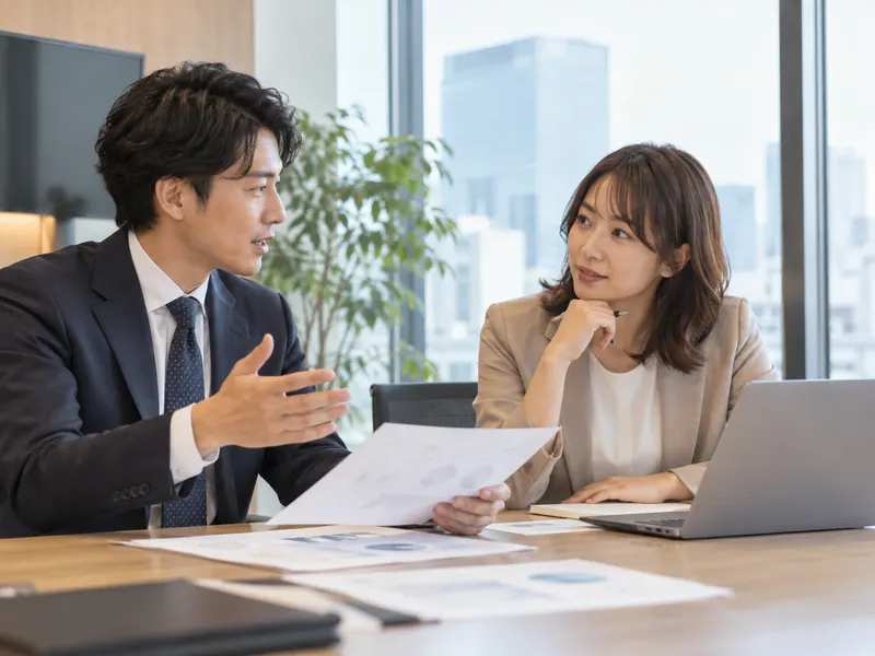 商談資料を使って提案内容を相談する営業チーム