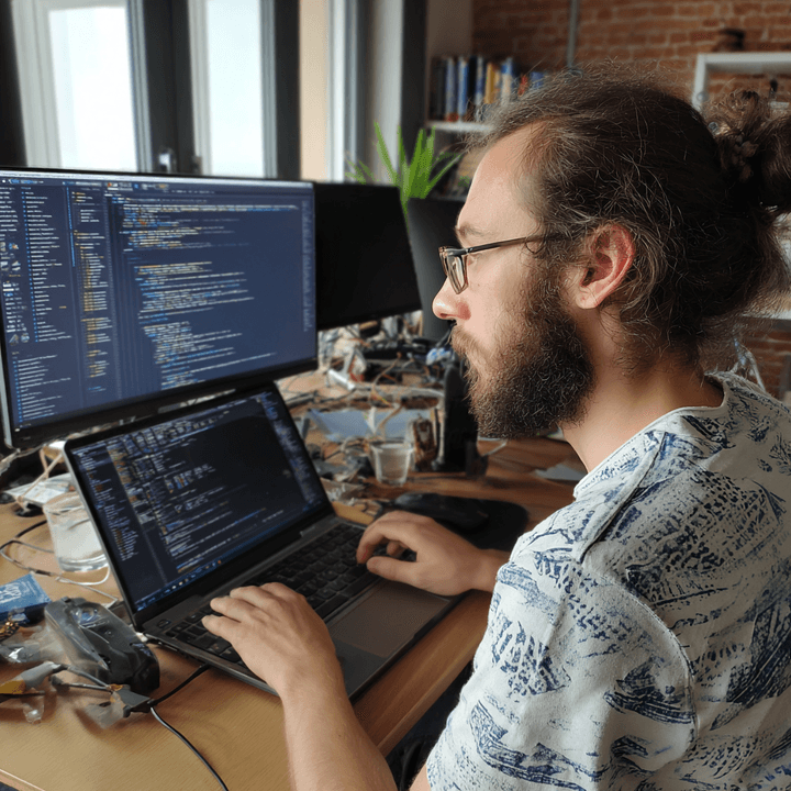 ノートパソコンでコードを書くフロントエンドエンジニアの職場風景